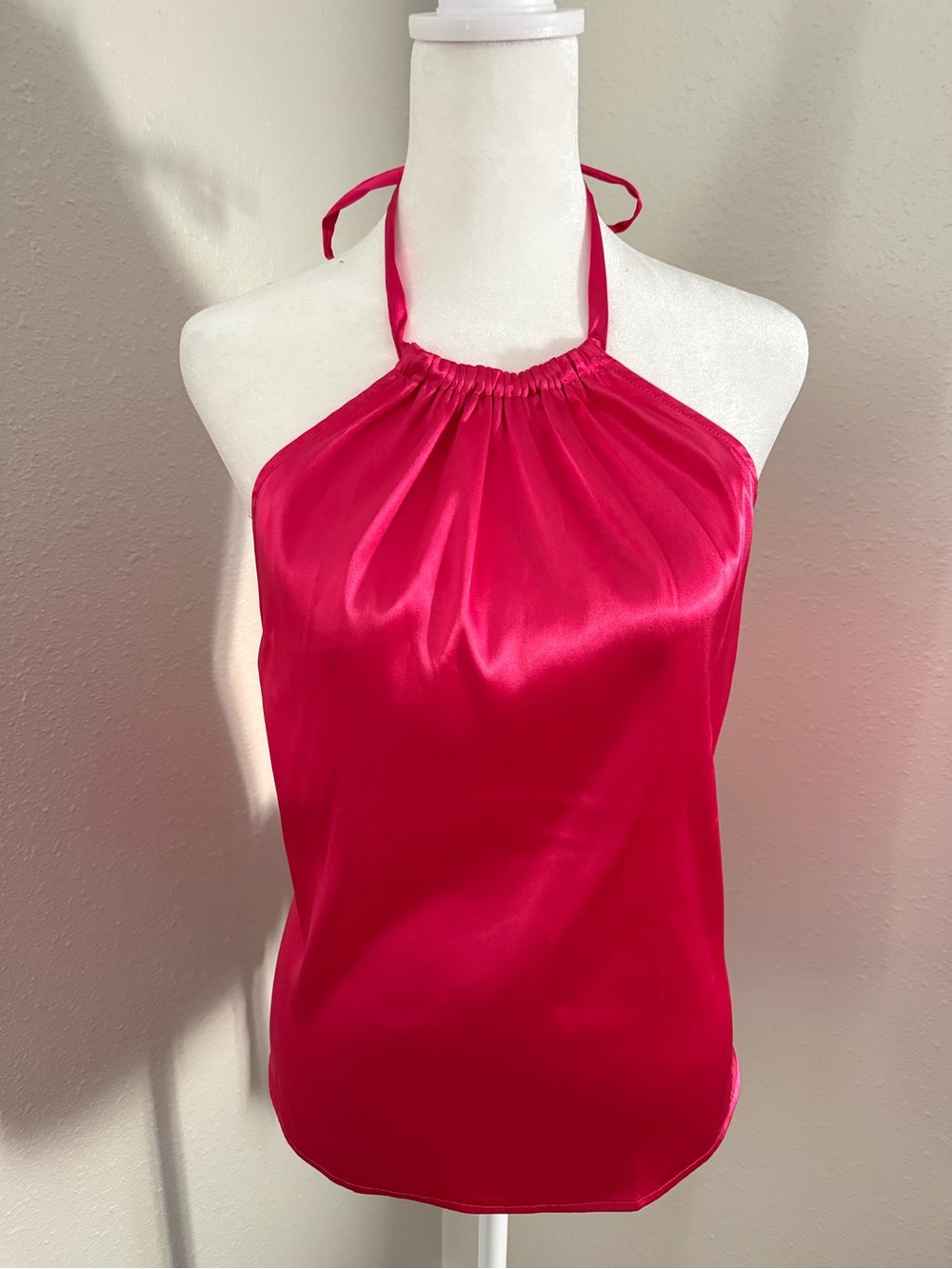 NY&C Satin Halter Top Open Back Tie Bow Hot Pink Medium NWT